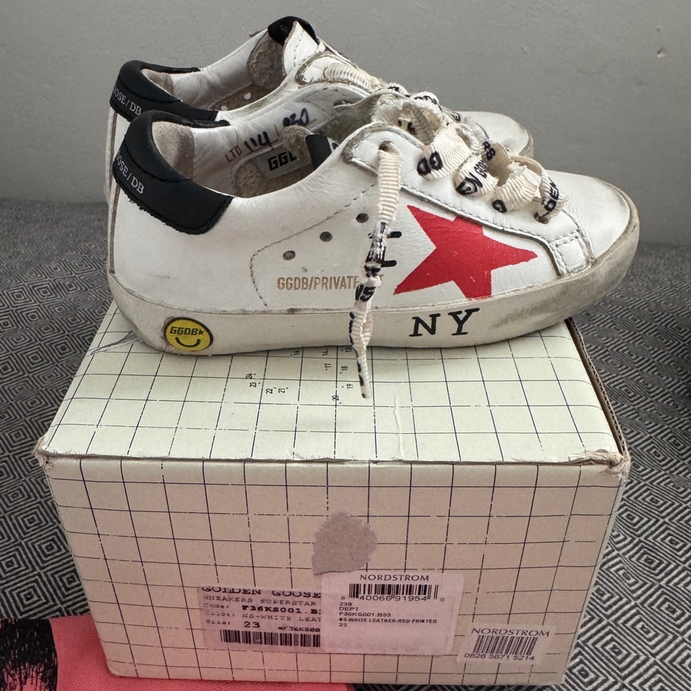 Golden Goose White and Red Sneakers with Distressed Look